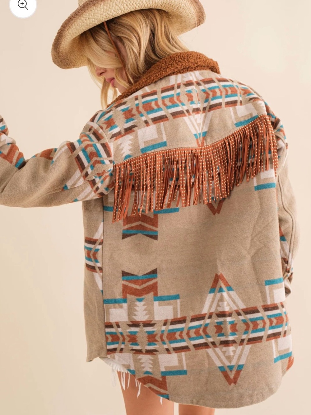 Fringed Aztec-Print Sherpa Collar Jacket - Beige/Turquoise